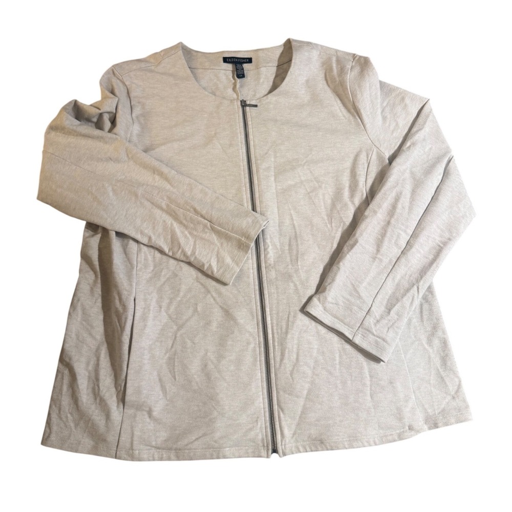 Eileen Fisher Beige Full Zip Knit Cardigan Jacket Crew Neck Pockets Womens XL
